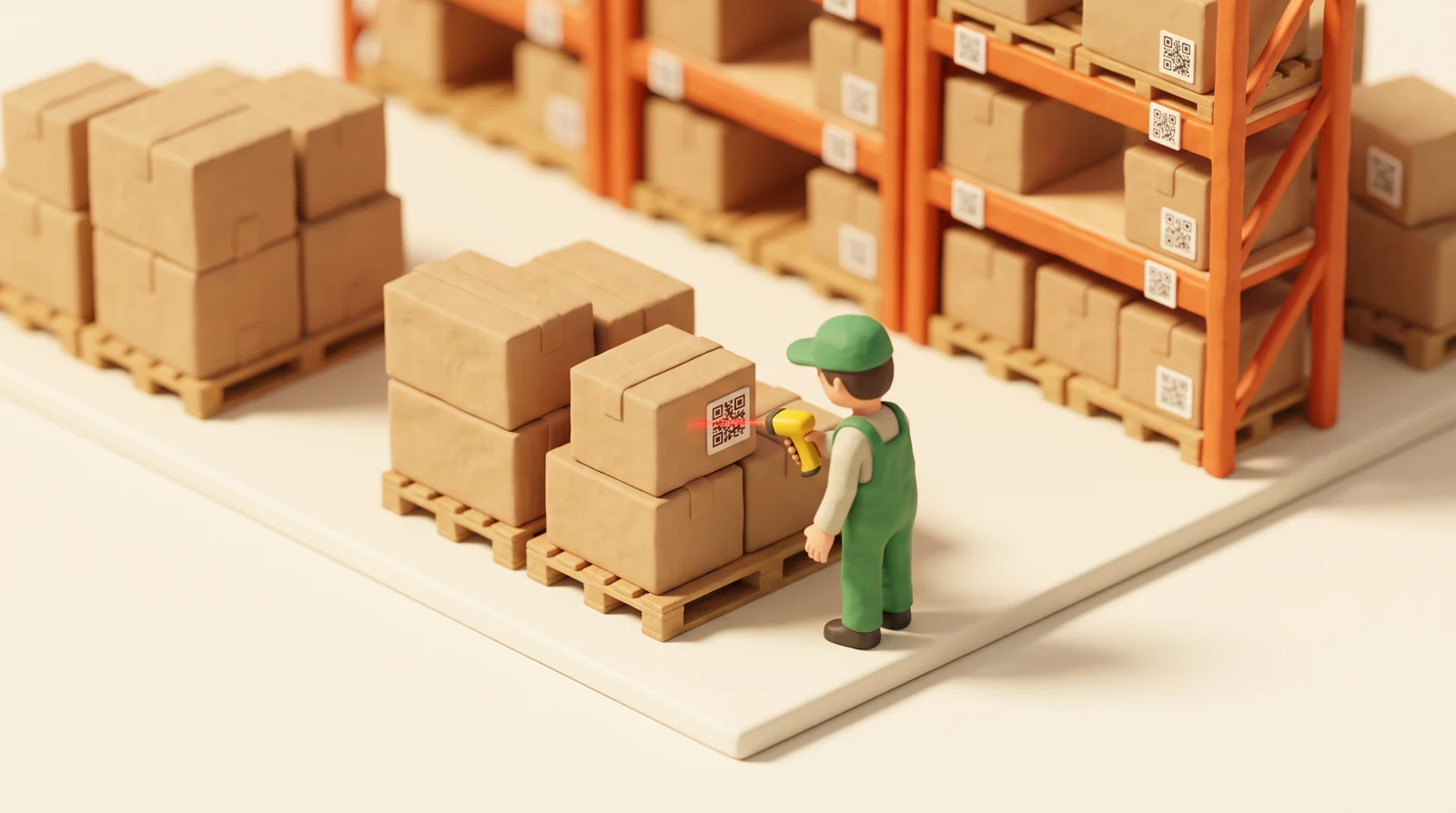 A worker scanning the QR code on a case in front of pallet racks