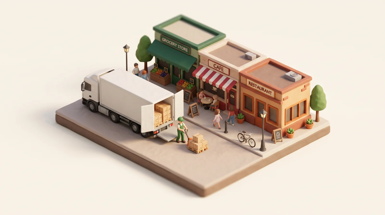 Our semi truck delivering pallets to a grocery store, a cafe and a restaurant